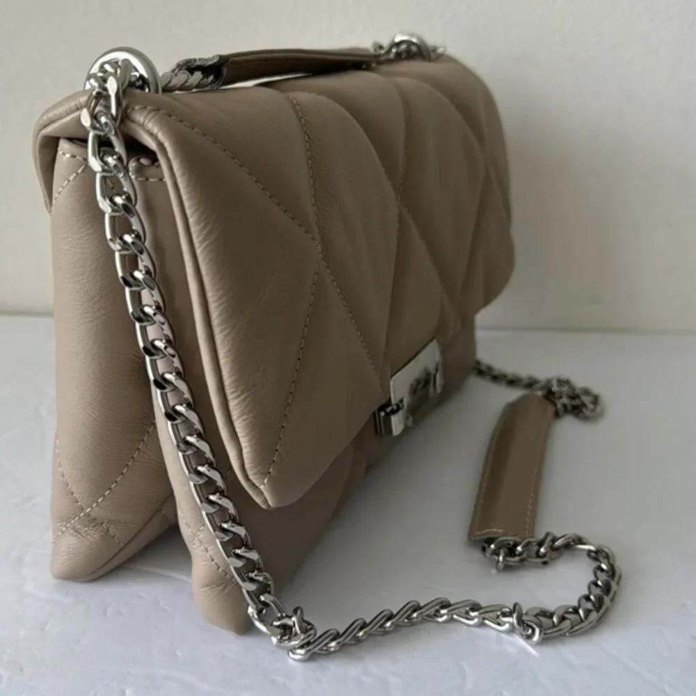 Il Duca Itlay Genuine Leather Quilted Convert Flap Handbag Taupe